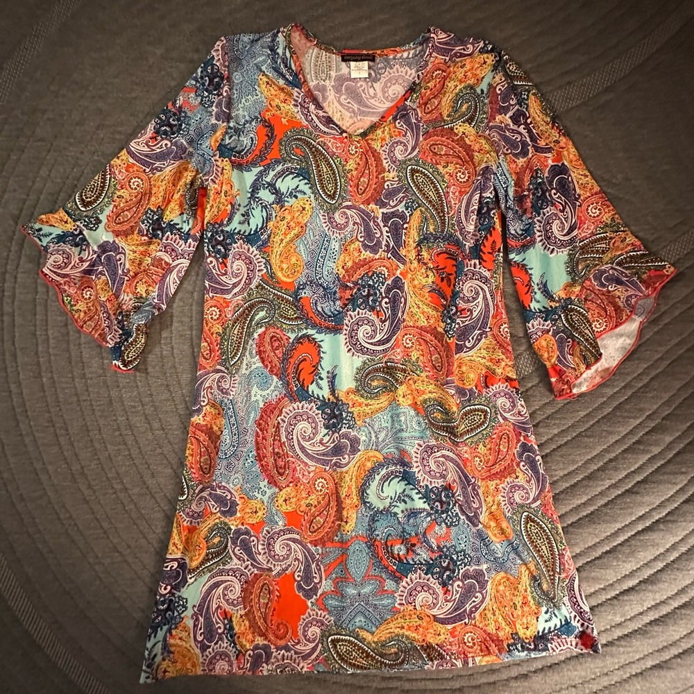 Paisley Print V-Neck Bell Sleeve Dress